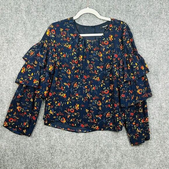 Madewell Blue Floral Ruffle Sleeve in Climbing Vine Blouse Shirt Top Size Large - Picture 1 of 6